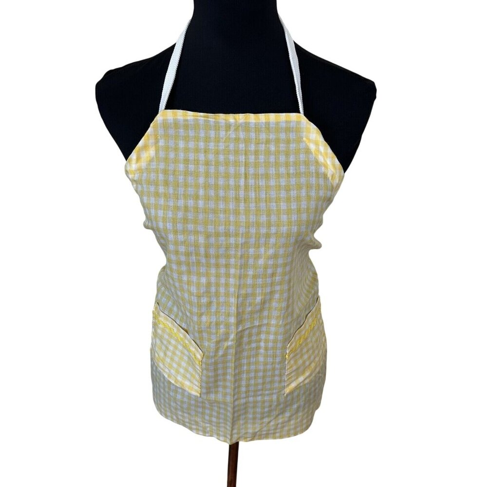 Vintage Womens Kitchen Apron Yellow and White Gingham Checker Waist Tie Pockets